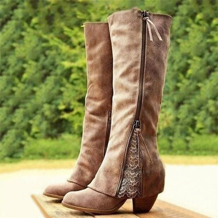 W&W Mode - Vintage High Heel Stiefel mit klobigem Absatz