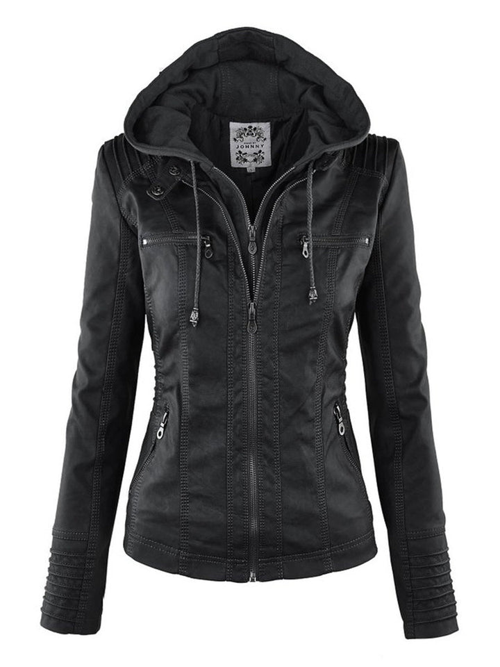 W&W Mode Lederimitat Mantel | Damen Kapuzenjacke: Basic PU-Jacke