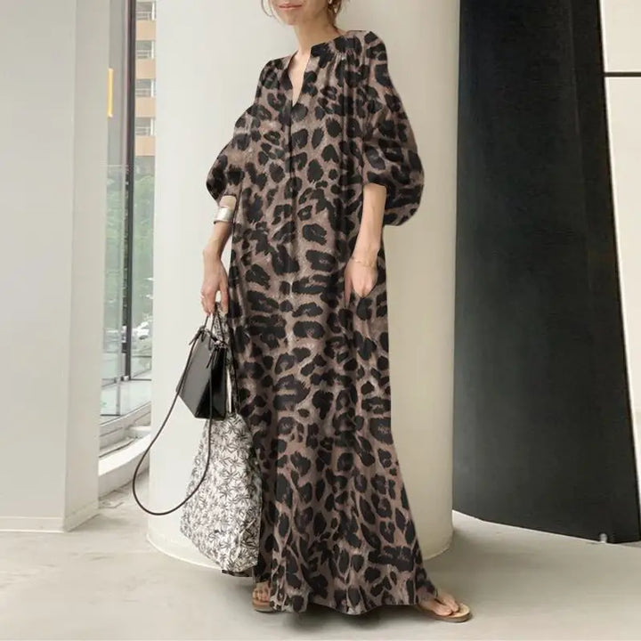 W&W Mode Leopardenkleid | Stilvolles, sommerliches, bedrucktes, oversized Maxikleid mit langen Ärmeln