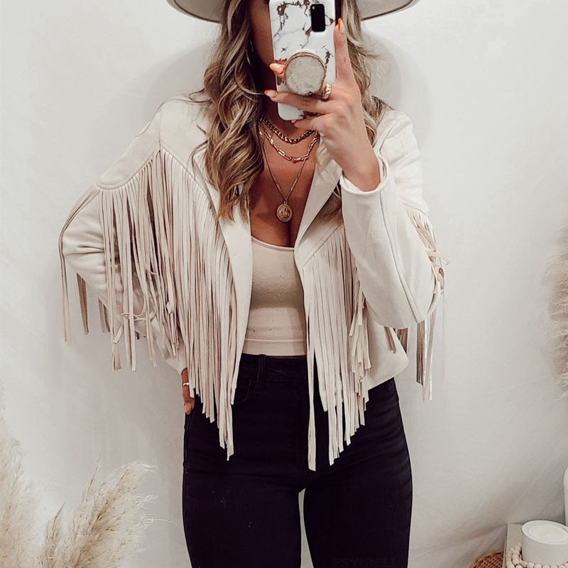 W&W Mode | moka Lederjacke Motorradjacke mit Cowboy-Fransen