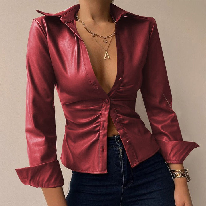 W&W Mode V-Ausschnitt PU-Leder bedruckt Langarm Patchwork-Bluse