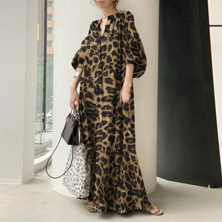 W&W Mode Leopardenkleid | Stilvolles, sommerliches, bedrucktes, oversized Maxikleid mit langen Ärmeln