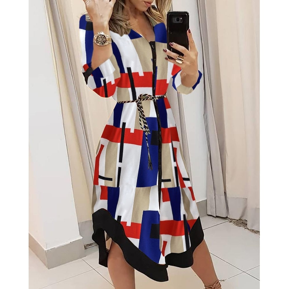 W&W Mode Wellen-Druck Lange Ärmel Kleid