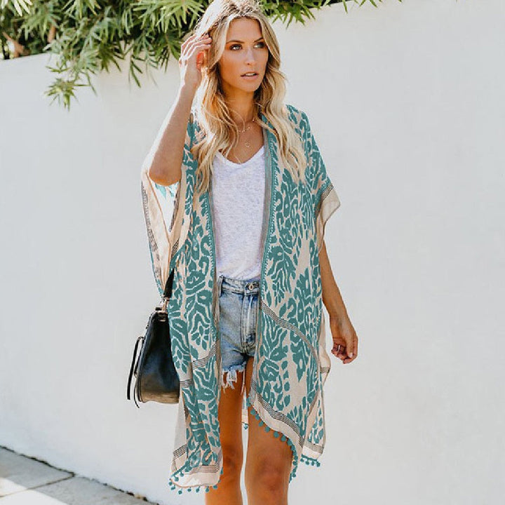 W&W Mode | Böhmischer Kimono mit Blattdruck und Fransendetail