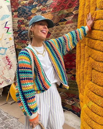 Damen Boho-Strickjacke aus Merinowolle mit Häkeloptik