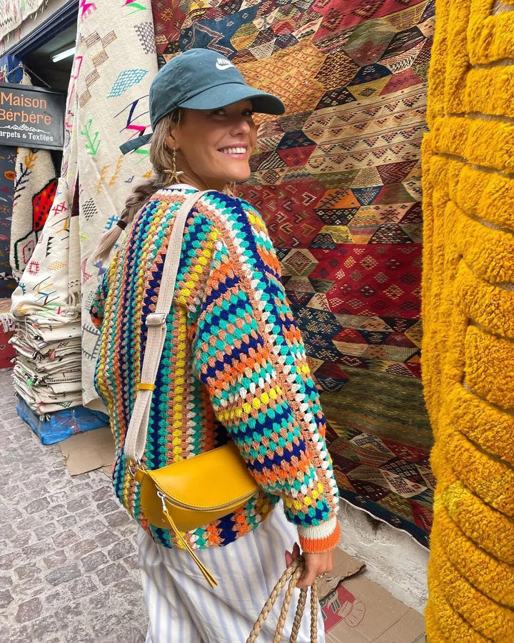 Damen Boho-Strickjacke aus Merinowolle mit Häkeloptik