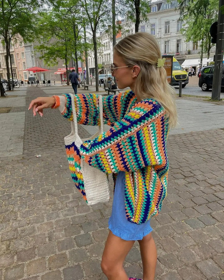 Damen Boho-Strickjacke aus Merinowolle mit Häkeloptik