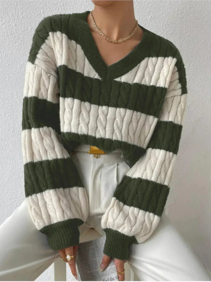 Damen-Pullover mit Streifenmuster und V-Ausschnitt