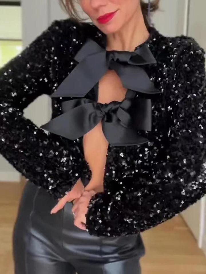 W&W Mode - Damen Pailletten Top mit Fliege Details für Party Glam