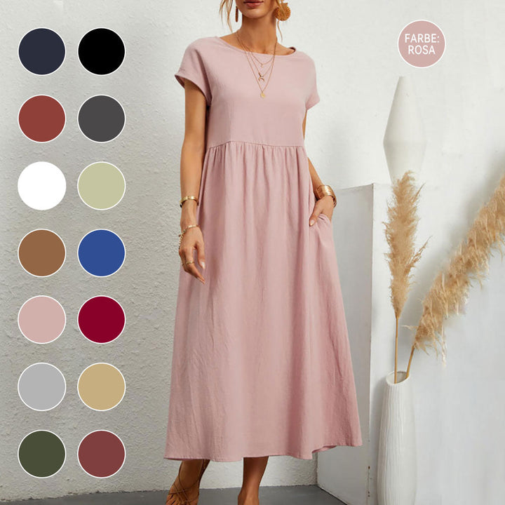 W&W Mode | lockeres Rundhals-Sommer-Midikleid aus Baumwolle und Leinen