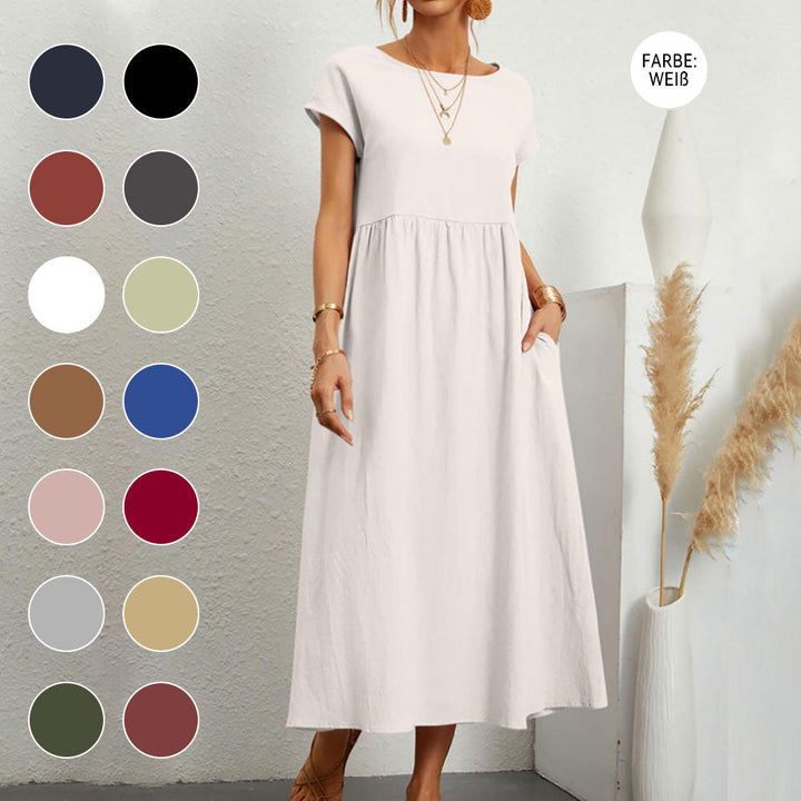 W&W Mode | lockeres Rundhals-Sommer-Midikleid aus Baumwolle und Leinen