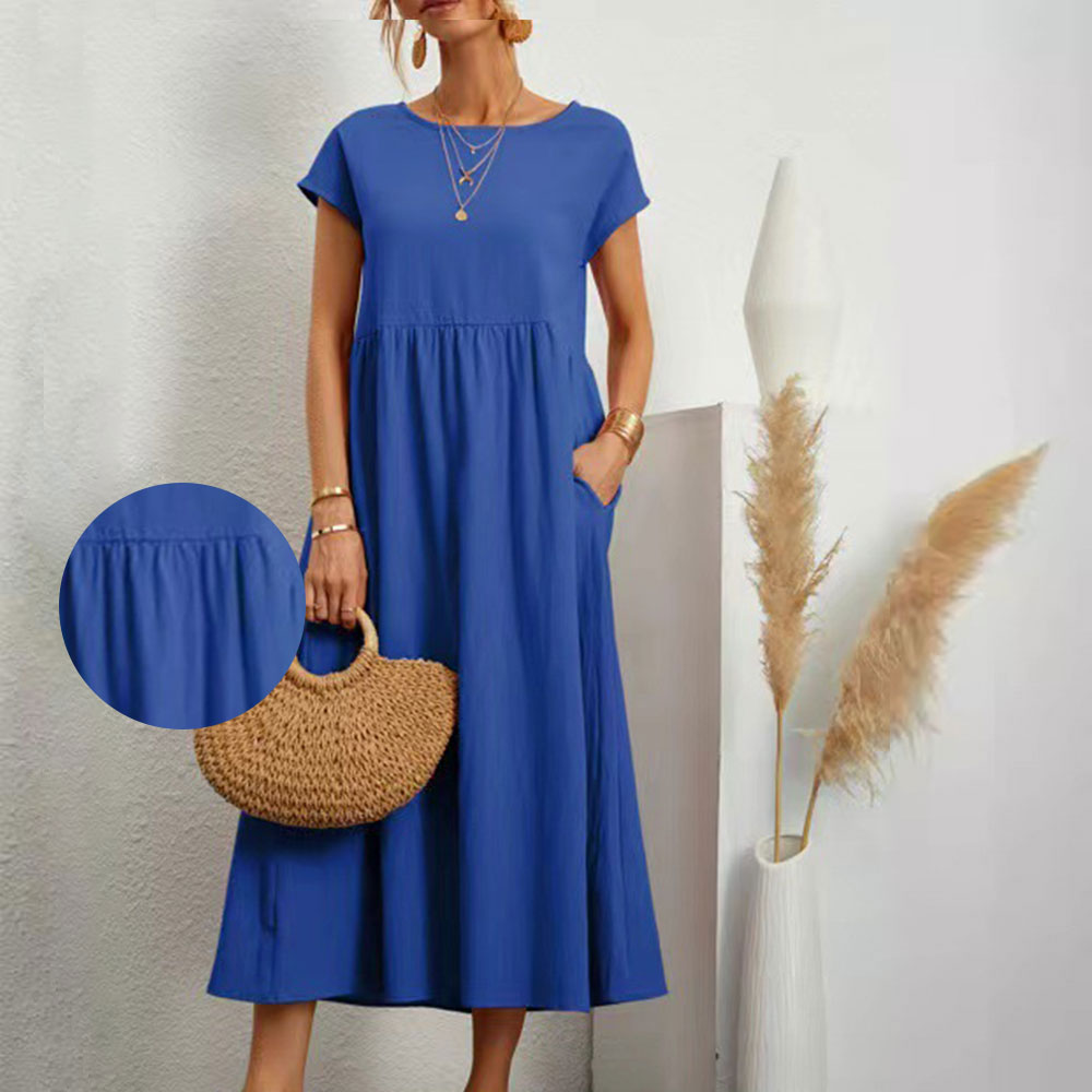 W&W Mode | lockeres Rundhals-Sommer-Midikleid aus Baumwolle und Leinen