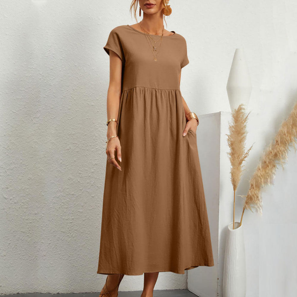 W&W Mode | lockeres Rundhals-Sommer-Midikleid aus Baumwolle und Leinen