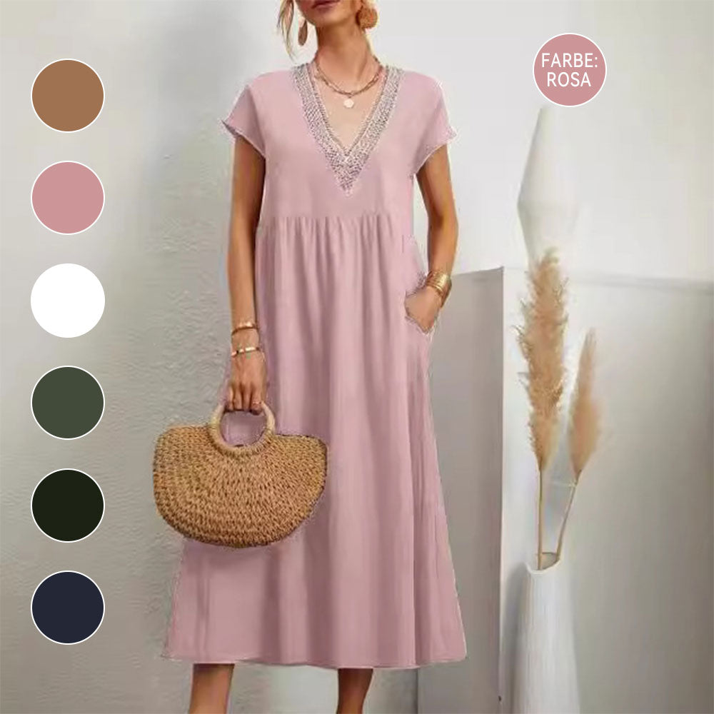 W&W Mode | Kleid mit V-Ausschnitt und Spitzensaum aus Baumwolle und Leinen in Unifarbe