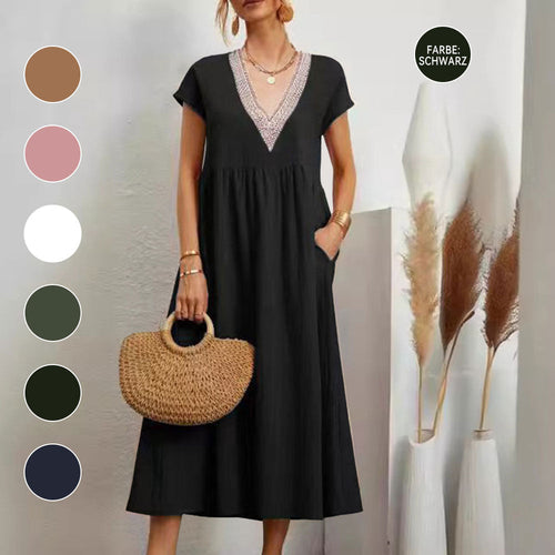 W&W Mode | Kleid mit V-Ausschnitt und Spitzensaum aus Baumwolle und Leinen in Unifarbe
