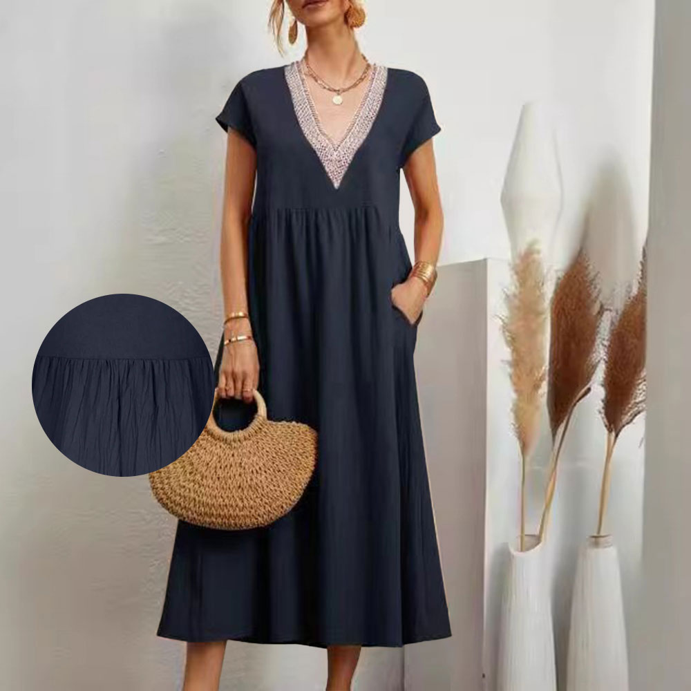 W&W Mode | Kleid mit V-Ausschnitt und Spitzensaum aus Baumwolle und Leinen in Unifarbe