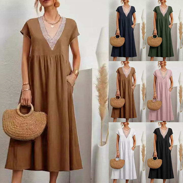 W&W Mode | Kleid mit V-Ausschnitt und Spitzensaum aus Baumwolle und Leinen in Unifarbe