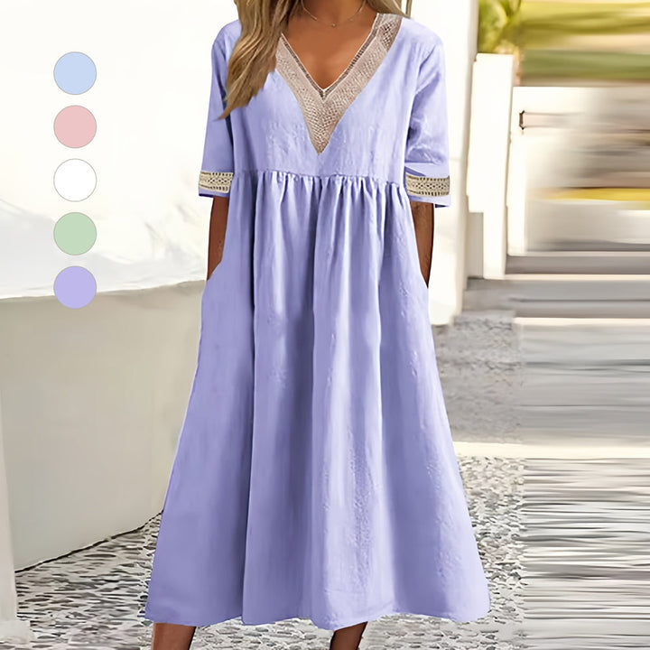 W&W Mode | A-Linien-Midi-Sommerkleid mit V-Ausschnitt und kurzen Ärmeln für Damen