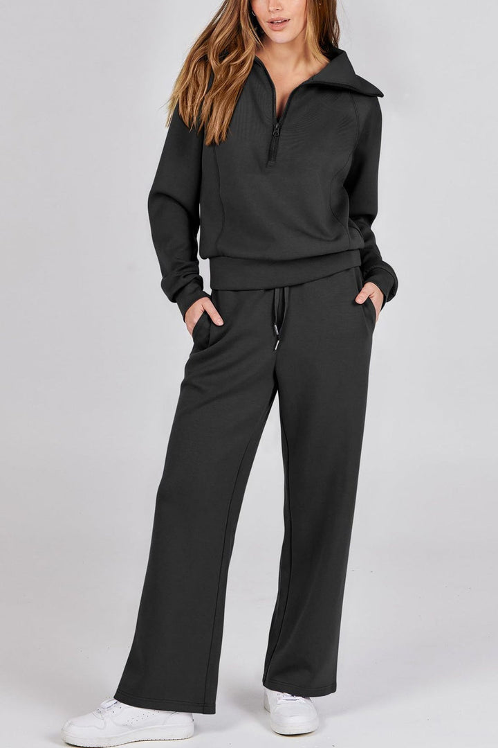 W&W Mode | Langes Hosen-Set mit weitem Bein und Revers-Reißverschluss-Sweatshirt