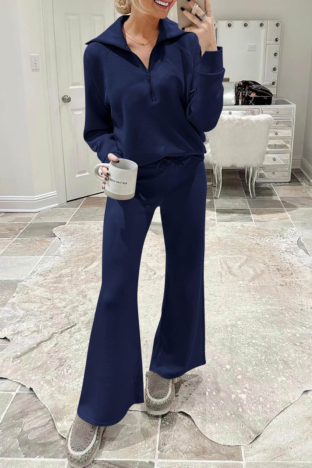W&W Mode | Langes Hosen-Set mit weitem Bein und Revers-Reißverschluss-Sweatshirt