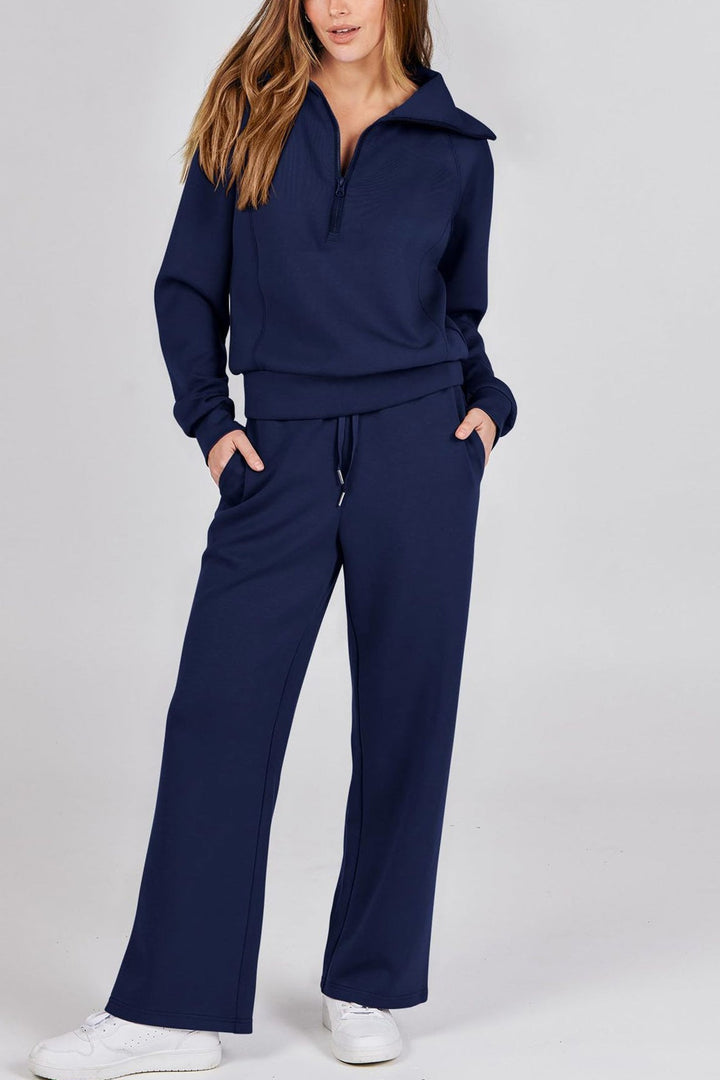 W&W Mode | Langes Hosen-Set mit weitem Bein und Revers-Reißverschluss-Sweatshirt