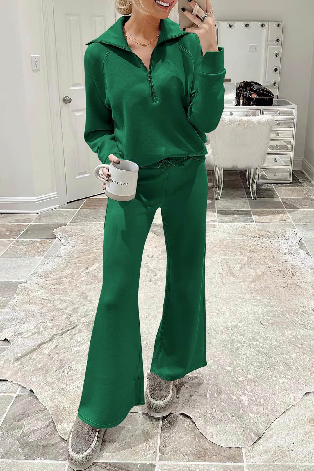 W&W Mode | Langes Hosen-Set mit weitem Bein und Revers-Reißverschluss-Sweatshirt