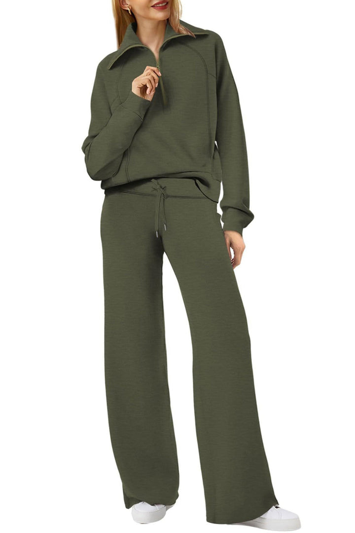 W&W Mode | Langes Hosen-Set mit weitem Bein und Revers-Reißverschluss-Sweatshirt