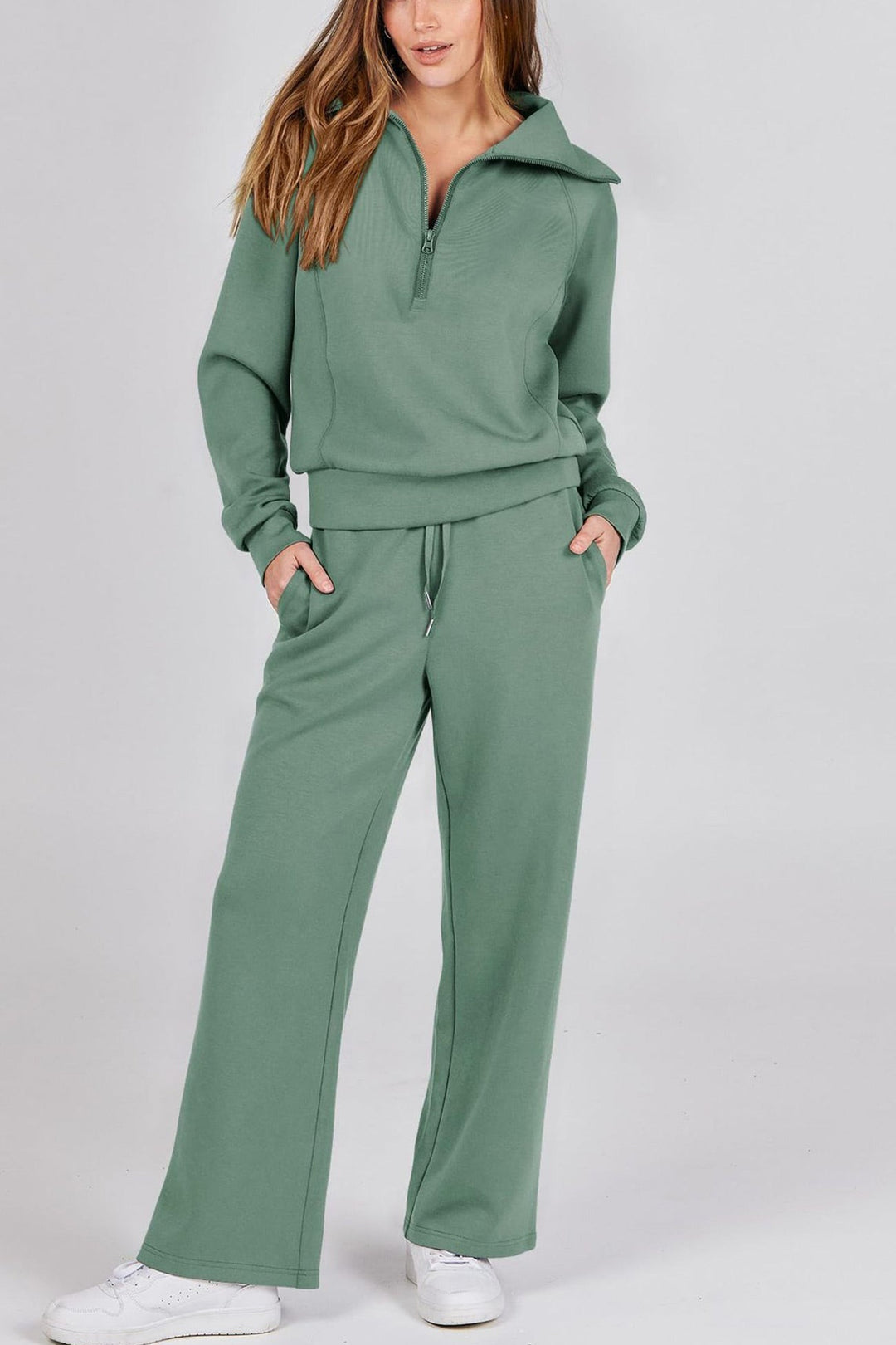 W&W Mode | Langes Hosen-Set mit weitem Bein und Revers-Reißverschluss-Sweatshirt