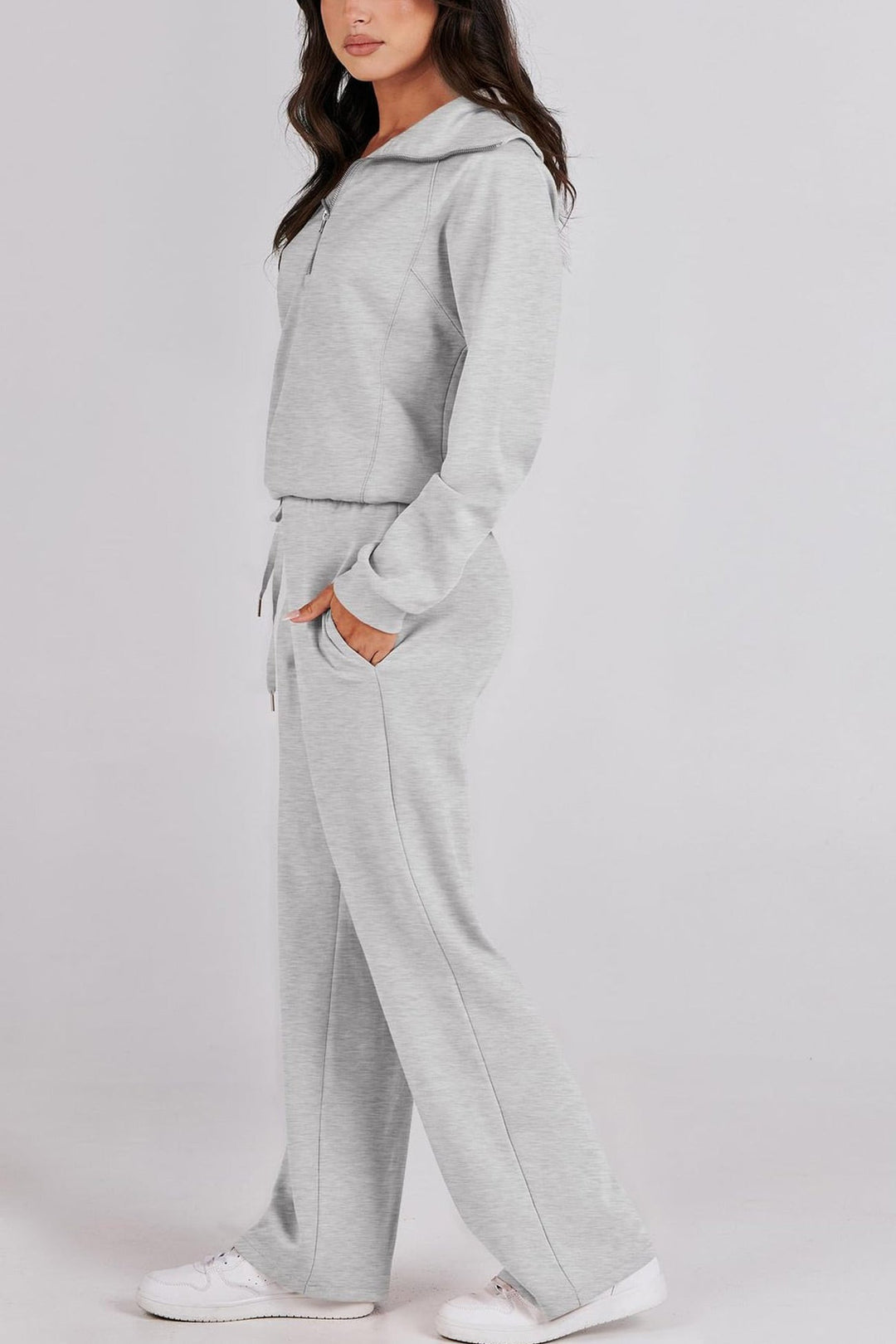W&W Mode | Langes Hosen-Set mit weitem Bein und Revers-Reißverschluss-Sweatshirt