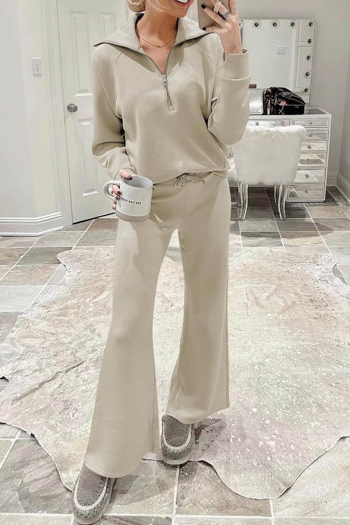 W&W Mode | Langes Hosen-Set mit weitem Bein und Revers-Reißverschluss-Sweatshirt