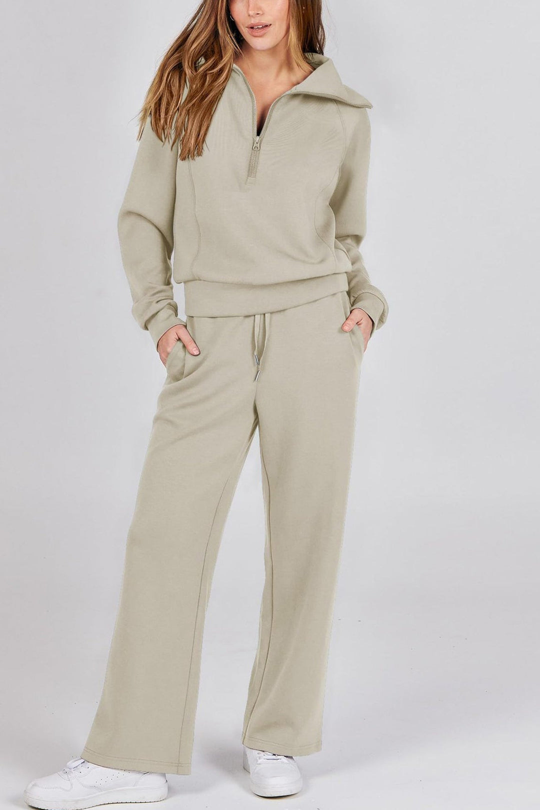 W&W Mode | Langes Hosen-Set mit weitem Bein und Revers-Reißverschluss-Sweatshirt