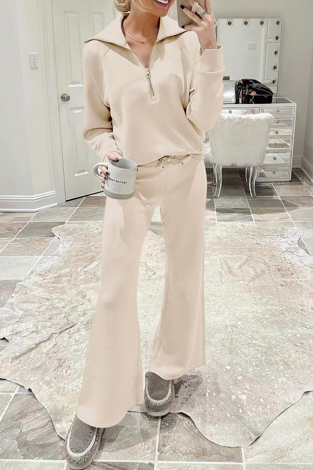 W&W Mode | Langes Hosen-Set mit weitem Bein und Revers-Reißverschluss-Sweatshirt