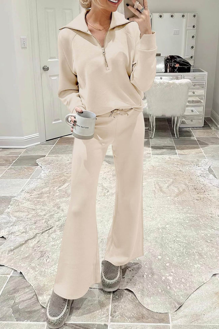 W&W Mode | Langes Hosen-Set mit weitem Bein und Revers-Reißverschluss-Sweatshirt