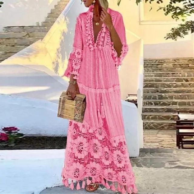 W&W Mode | Langes Boho-Kleid Mit Spitze Und Quasten