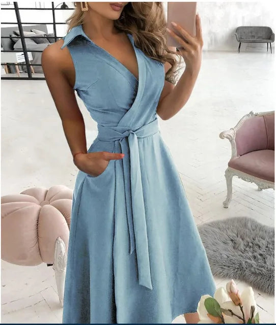 W&W Mode | Wickelkleid Ärmelloses Kragenloses Design Vorteilhaftes Taillenband Knielang