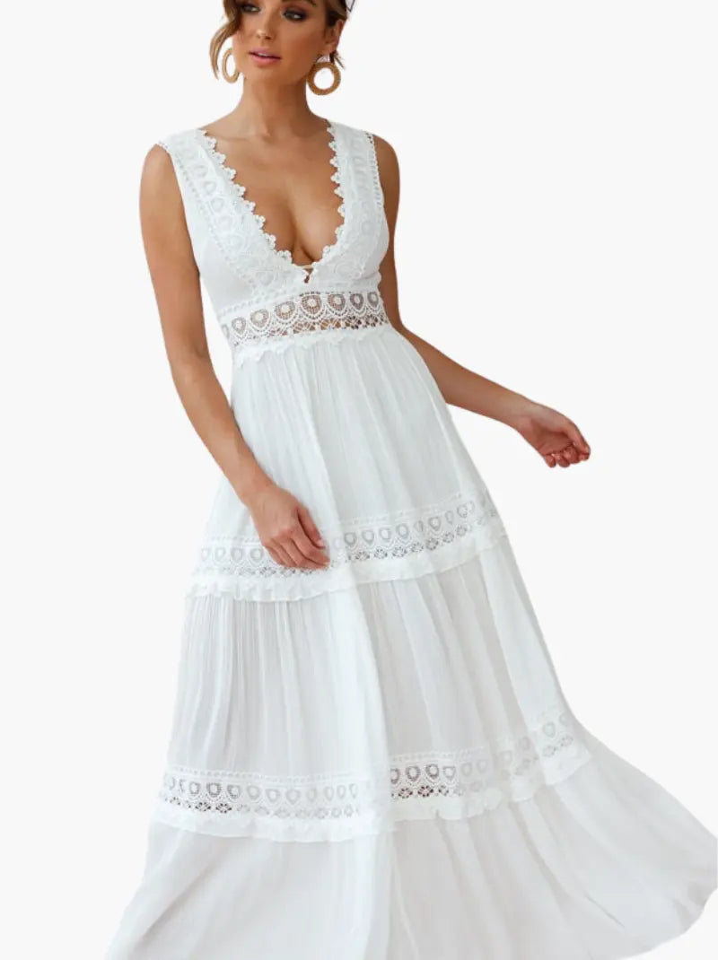 W&W Mode | Weißes Boho Maxikleid Mit Häkeleinsätzen & Tiefem V-Ausschnitt