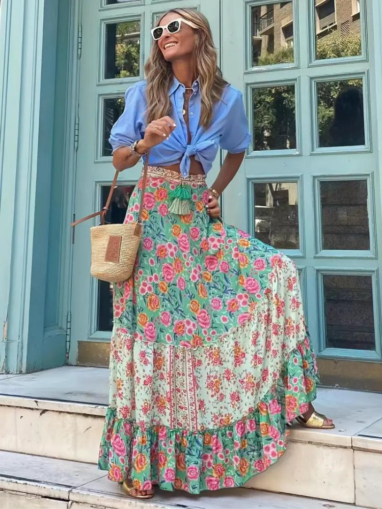 Damen Boho-Maxirock mit Rüschen
