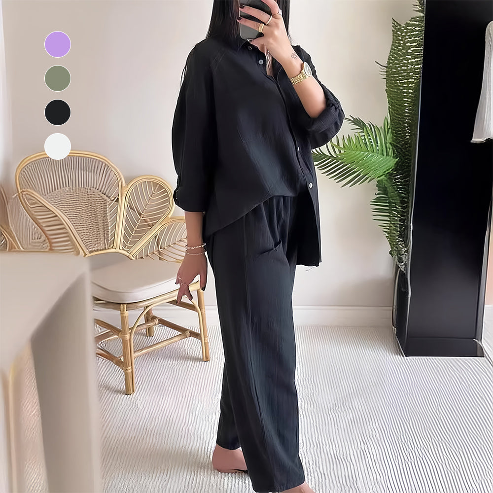 W&W Mode | Langarm-Set aus Hemd und Hose aus Baumwolle und Leinen für Damen