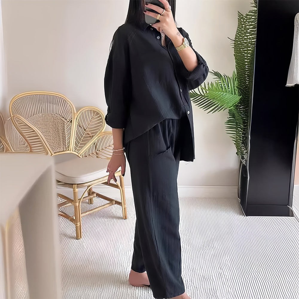 W&W Mode | Langarm-Set aus Hemd und Hose aus Baumwolle und Leinen für Damen