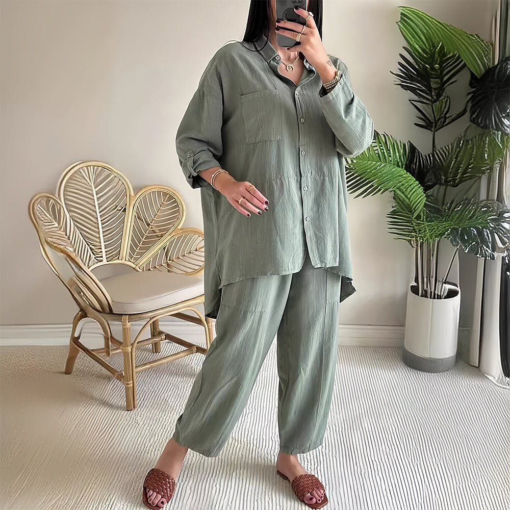 W&W Mode | Langarm-Set aus Hemd und Hose aus Baumwolle und Leinen für Damen