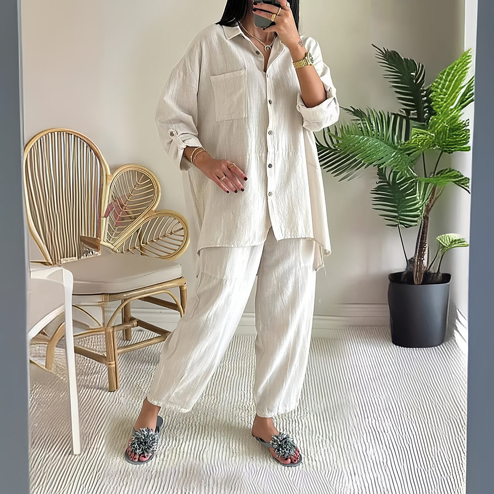 W&W Mode | Langarm-Set aus Hemd und Hose aus Baumwolle und Leinen für Damen