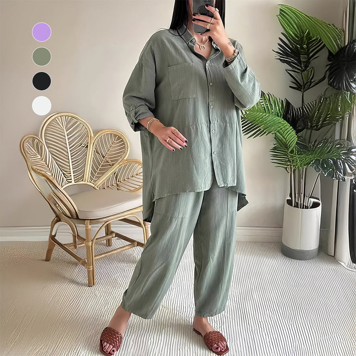 W&W Mode | Langarm-Set aus Hemd und Hose aus Baumwolle und Leinen für Damen