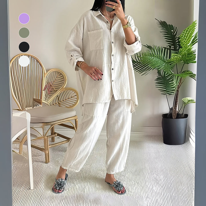 W&W Mode | Langarm-Set aus Hemd und Hose aus Baumwolle und Leinen für Damen