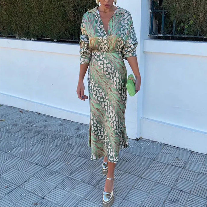 W&W Mode | Satinierte Bedruckte Midi Kleid mit Langen Ärmeln für Frauen
