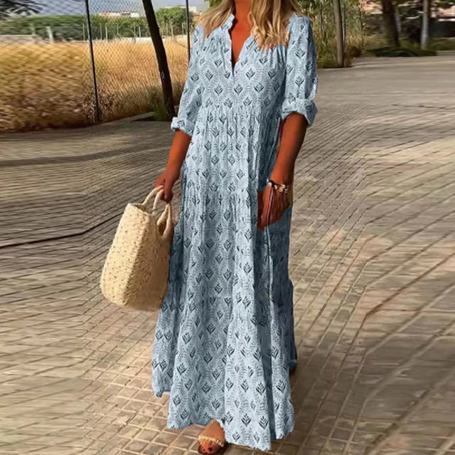 W&W Mode | Lange Ärmel V-Ausschnitt Boho Kleid Sommerkleid