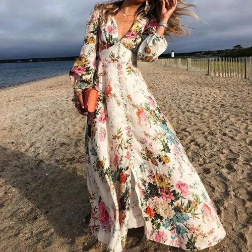 W&W Mode | Floral Long Sleeve V Ausschnitt Boho Sonnenkleid