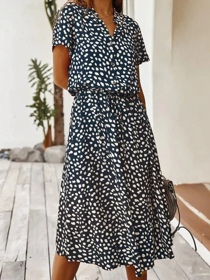 W&W Mode - Elegantes kurzärmliges Hemdblusenkleid mit Polka Dots und Kordelzug in der Taille
