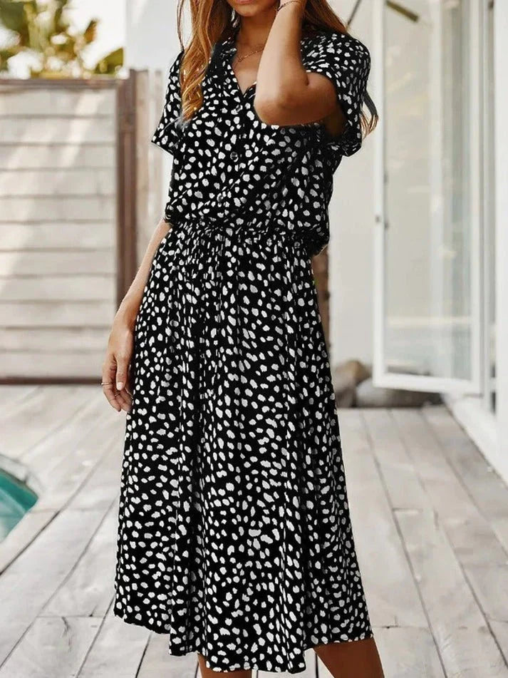 W&W Mode - Elegantes kurzärmliges Hemdblusenkleid mit Polka Dots und Kordelzug in der Taille