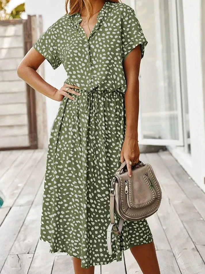 W&W Mode - Elegantes kurzärmliges Hemdblusenkleid mit Polka Dots und Kordelzug in der Taille