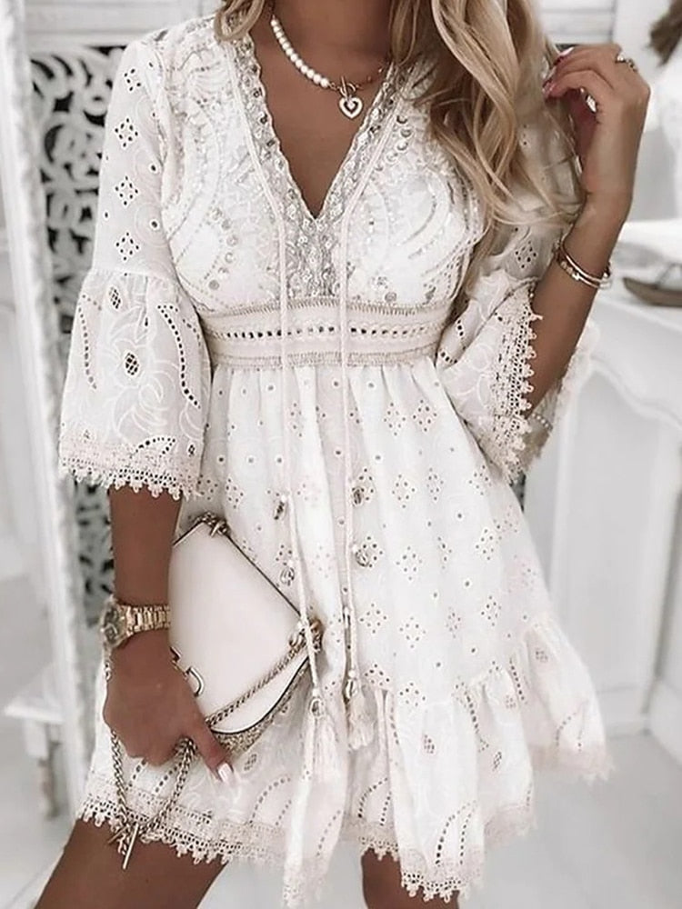 W&W Mode | Halbe Ärmel Boho Style Spitzenkleid Sommerkleid